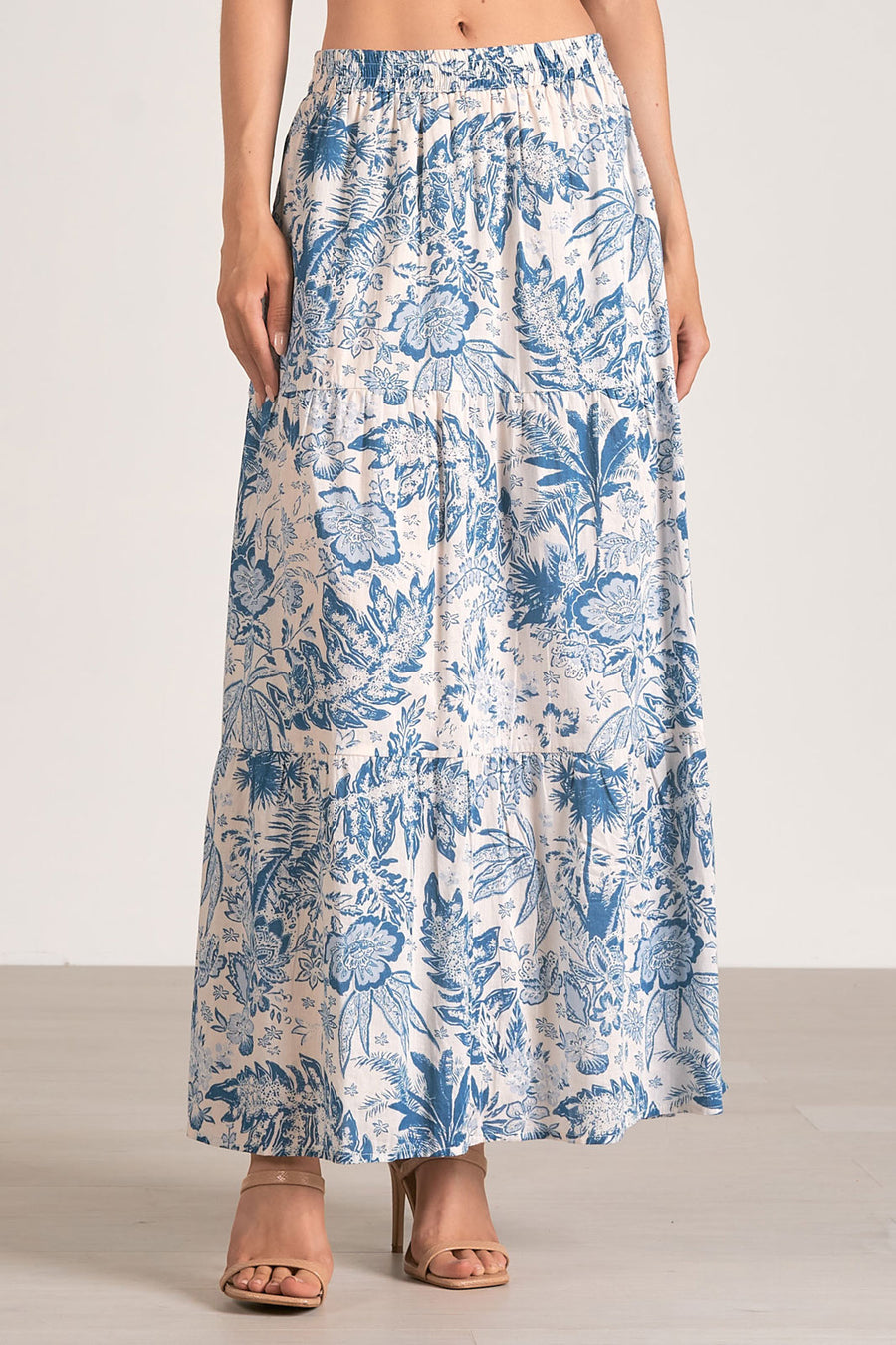 ELAN Maxi Tiered Skirt - Blue Leafy Floral