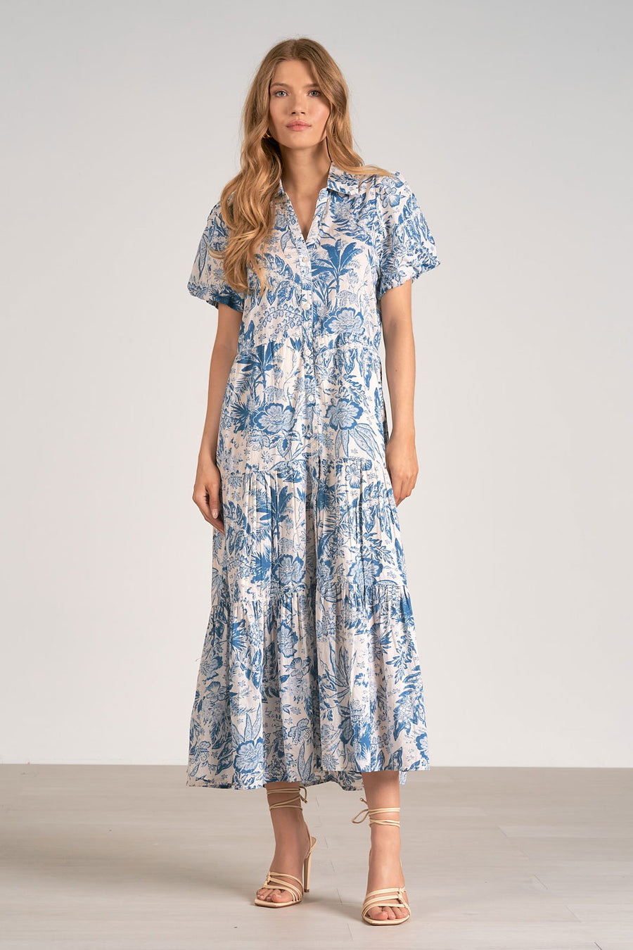 ELAN Midi Shirt Dress -Blue Leafy Floral