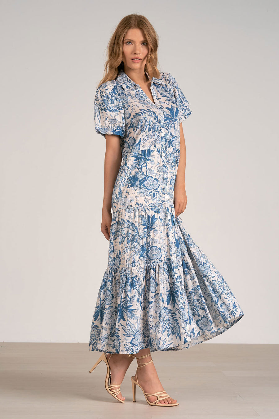 ELAN Midi Shirt Dress -Blue Leafy Floral